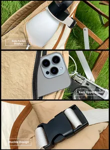 Detail view of beige nylon crossbody bag showing side bottle pocket and anti-theft back pocket