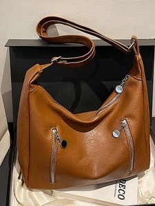 Grand Sac Hobo Vintage en Cuir PU pour Femmes Sac à Épaule Rétro Couleur Unie Avec Fermetures Éclair en Métal Pour Trajets Quotidiens