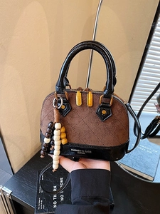 Women Vintage PU Suede Lattice Stitching Shell Bag Color Block Crossbody Shoulder Bag With Beaded Charm Fashion Handbag
