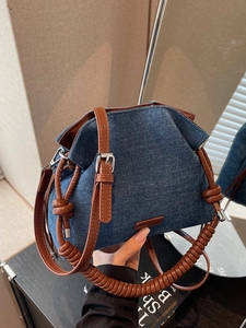 Women's Denim Bucket Bag With Twisted Spiral Handle Retro Denim Fabric Shoulder Messenger Bag Daily Casual Fashion Handbag