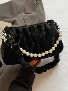 Sac Nuage Froncé pour Femmes Cuir PU Chaîne de Künstliche Perles Sac Bandoulière Plissé Petit Mode Sac à Épaule sous l'Aisselle pour Fête