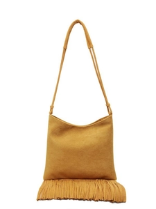 Borsa a tracolla vintage bohémien in finta pelle scamosciata color cuoio con frange