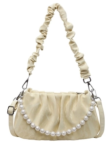 Sac bandoulière plissé beige style nuage avec chaîne à perles et sangle réglable