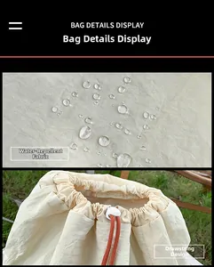 Detail of water-resistant fabric and drawstring closure on large beige canvas backpack