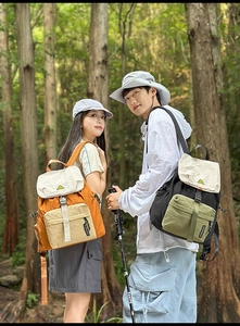 Detail of waterproof nylon outdoor backpacks with buckle closure in nature setting