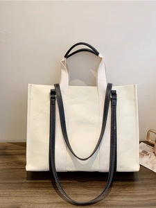 Korean Style Vintage Large Capacity Canvas Tote Bag For Women Student Contrast Strap Shoulder Crossbody Shopping Handbag