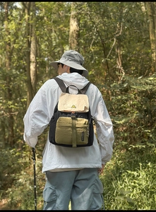 Detail of color-block waterproof nylon backpack featuring adjustable straps and forest view