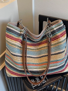 Borsa Tote da Donna Intrecciata in Paglia a Strisce Grande Capacità Bohémien Estate Spiaggia Borsa a Spalla Con Manico in Catena Pelle PU