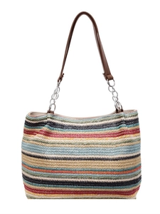 Grande borsa tote intrecciata a righe colorate con catena in argento e tracolla in pelle