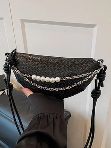 Sac Bandoulière Femme en Cuir PU Tissé Sac Croissant Dumpling Décoration Künstliche Perles Chaîne en Métal Sangle Nouée Épaule Femme