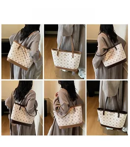 Detailed multi-angle views of high-capacity tote bag with deer pattern and leather texture