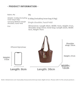 Detailed size specifications for a retro brown bucket bag with an inner pouch and dimensions