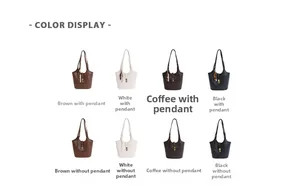 Color display of bucket handbags in brown, white, coffee and black with pendant details