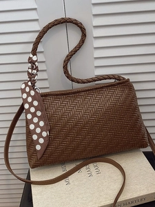 Women Woven Underarm Shoulder Bag Luxury PU Leather Crossbody Bag With Satin Polka Dot Scarf Vintage Commute Bucket Bag
