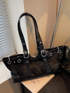 Retro black faux leather large tote bag with silver buckles and distressed texture design