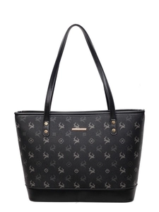 Women's black faux leather tote bag with deer pattern and elegant gold accents