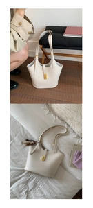 Detail of cream bucket bag with gold clasp shown in lifestyle and studio settings
