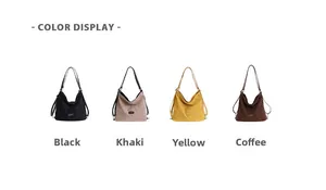Color display of four matte bucket bags in black, khaki, yellow, and coffee brown