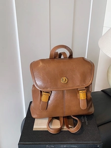 Retro brown leather large backpack for women with vintage metal buckle and handle