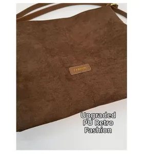Detail of fashion label on brown matte PU leather shoulder bag with fine stitching