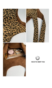 Detailed views of leopard print tote bag showing large capacity and soft texture