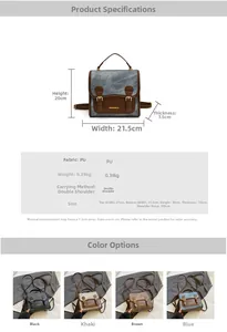 Size guide for vintage PU backpack showing dimensions 21x20x7.5cm and color options