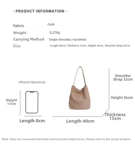 Tableau des tailles du grand sac cabas 40x15x36cm avec comparaison de taille iPhone