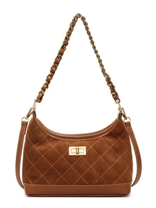 Brown suede dumpling bag with quilted pattern, metal chain and gold clasp closure