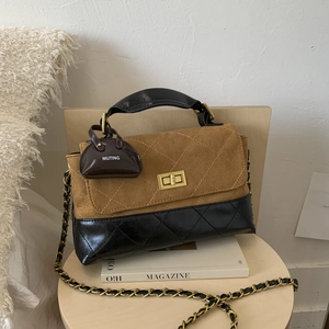 Detail of vintage flap bag with gold twist lock, quilted texture, and stylish chain strap