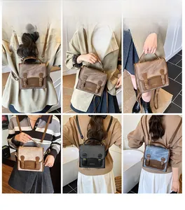 Detailed view of vintage aesthetic backpacks in four colors showing versatile wearing styles