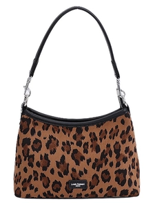 Sac à bandoulière vintage léopard pour femme avec bordure en cuir noir et détails argentés