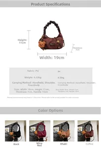 Detail view of stylish PU leather hobo bag with teddy charm and size specifications