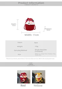 Detailed size chart and specifications for the handmade crochet bucket bag with measurements