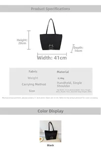 Detail specifications of black canvas tote bag with golden deer head embroidery and dimensions