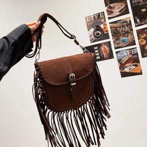 Vintage Faux Suede Tassel Crossbody Bag For Women Bohemian Saddle Bag With Whipstitch Detail Long Fringe Casual Shoulder Bag