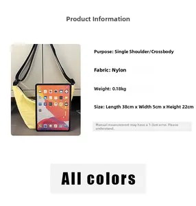 Detailed size comparison of the yellow nylon crossbody bag with an iPad and dimensions