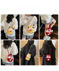 Detail shots of models wearing handmade crochet bucket bags with 3D floral accents