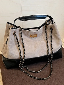 Vintage Large Capacity Quilted Tote Bag For Women PU Leather Suede Splicing Chain Strap Shoulder Crossbody Bag Office Daily