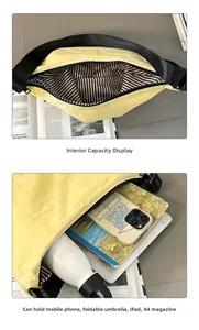 Internal view and loading capacity of yellow crossbody bag with striped lining