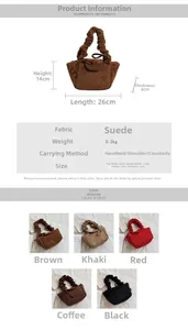 Detailed size specifications and color options for the faux suede shoulder bag