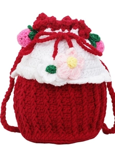 Handmade red crochet bucket bag with white wave lid and knitted strawberry flower decor