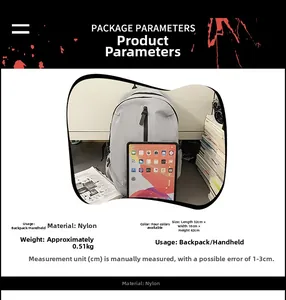 Detailed view of light gray nylon backpack dimensions 32x18x42cm weighing 0.51kg