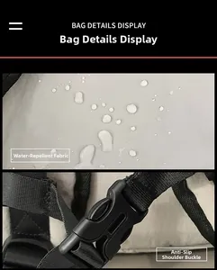 Detail of water-repellent fabric with droplets and non-slip shoulder buckle on backpack