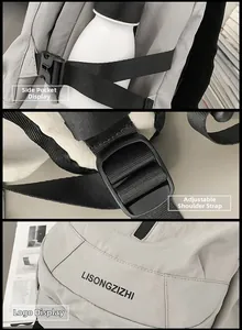 Detail of light grey travel backpack with adjustable straps and functional side pockets
