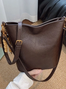 Sac Seau Rétro en Cuir PU pour Femmes Mode Couleur Unie Sac à Bandoulière Épaule Avec Charme en Perles de Bois Pochette Assortie