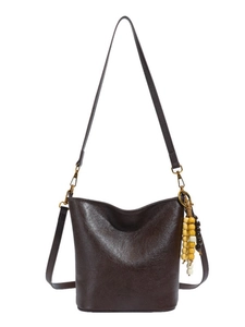 Sac seau vintage en cuir marron foncé à grande capacité avec breloque en perles de bois