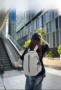 Rear view of a light grey urban backpack with vertical zippers on a city street
