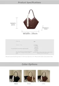 Detailed dimensions and multi-color options of the suede tote bag with size specifications