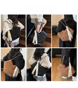 Collage of black and brown vintage faux suede tote bags showing shoulder carry styles
