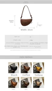 Detailed size specifications and available color palette for the half-moon PU handbag